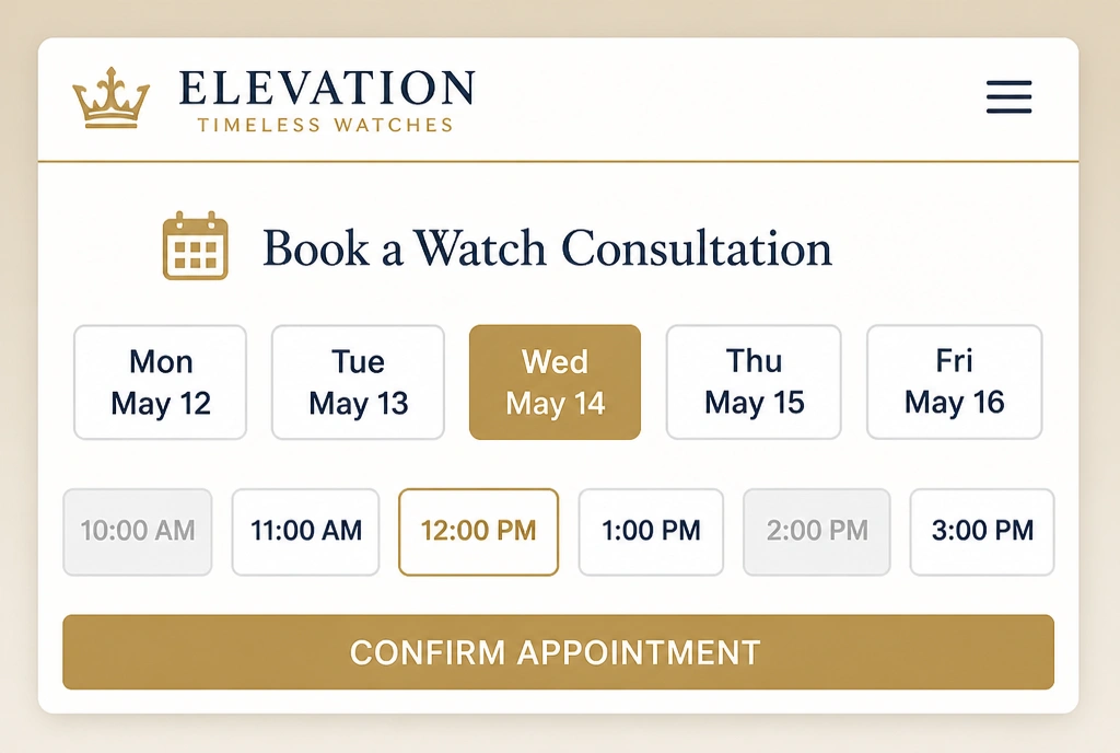 A booking screen on a luxury watches website with days, time slots and a confirm button
