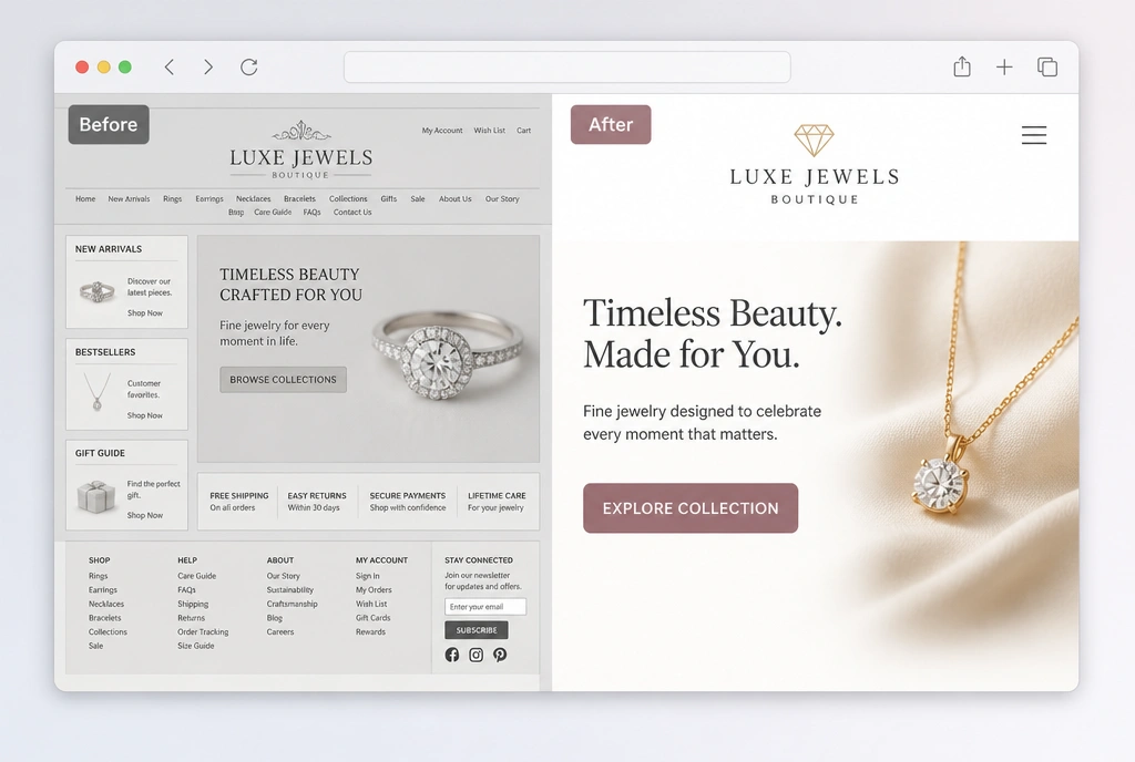 An old jewellery boutique home page beside its rebuilt version, labelled before and after