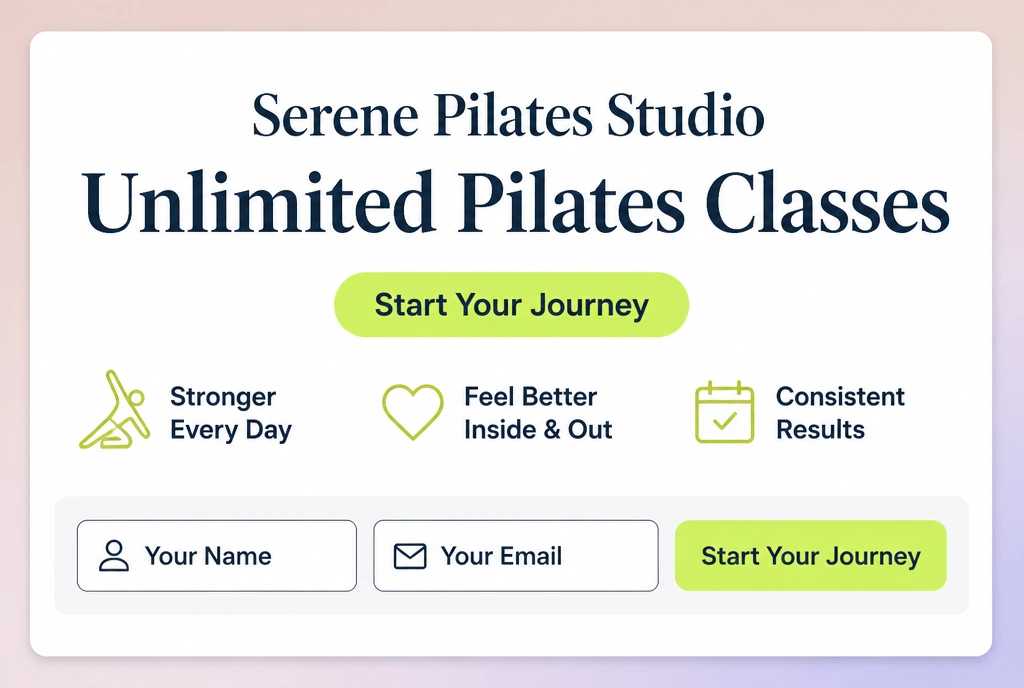 A one page pilates studio website with one offer, three benefit lines and a single button