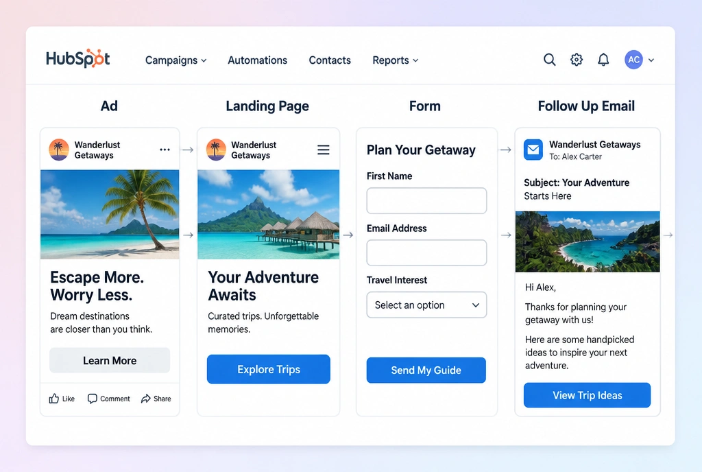 A four step travel campaign path from advert to page to form to follow up email