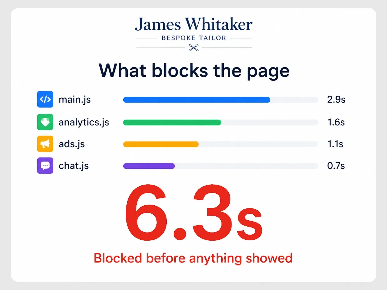 A tailor page blocked for 6.3 seconds by four loading scripts
