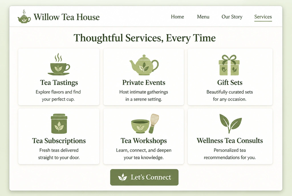 A tea house website services page showing six service cards in a grid