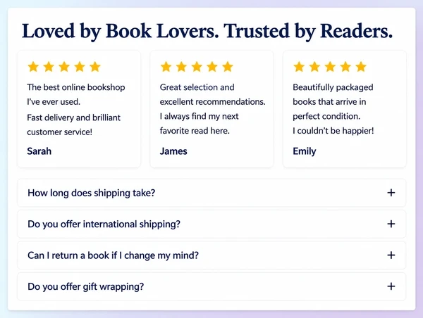 A bookshop website section showing three customer reviews above a list of four questions