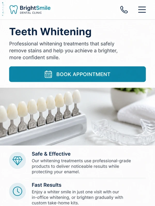 Dental clinic treatment page with a booking button