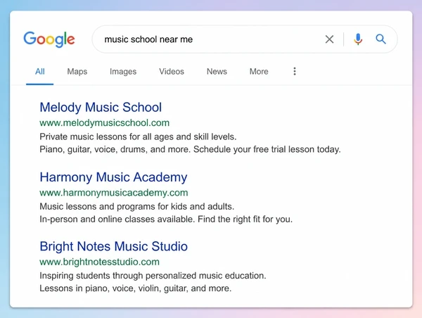 A Google results page where the first of three results is a music school website