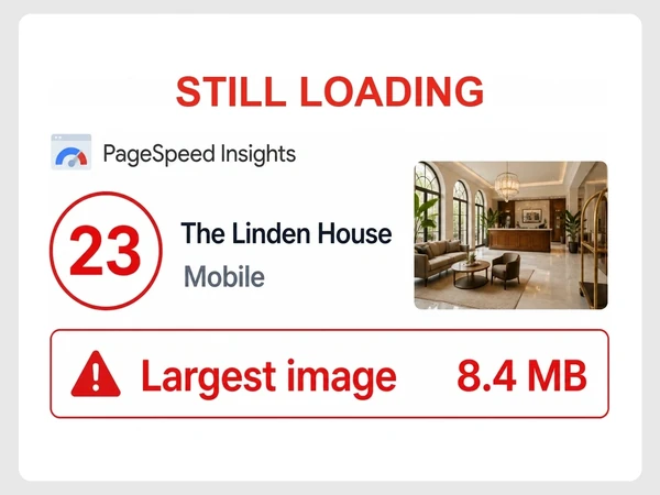 The Linden House scores 23 in PageSpeed Insights with its largest image at 8.4 MB.