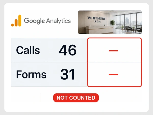 Whitmore Legal's Google Analytics card shows 46 calls and 31 forms with both sources uncounted.