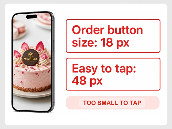 Maison Petal's phone report shows an 18 px order button against the 48 px easy-to-tap size.