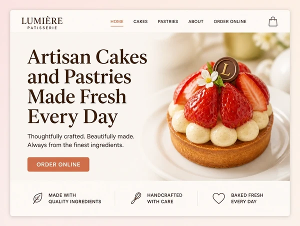 The top of a patisserie home page with a clear headline, one photograph and one button