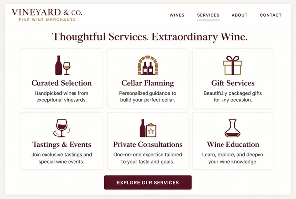 A wine merchant website services page showing six service cards in a grid