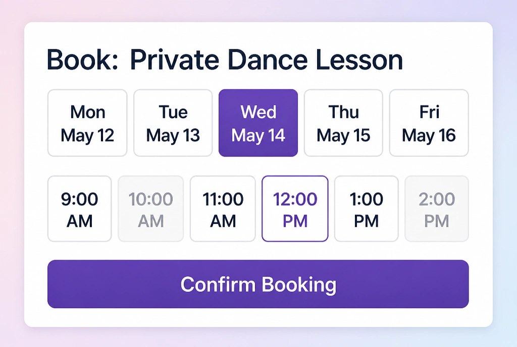 A booking screen on a dance studio website with days, time slots and a confirm button
