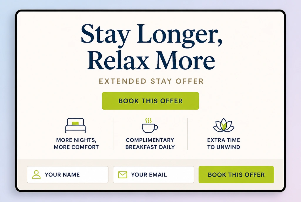 A one page boutique hotel website with one offer, three benefit lines and a single button