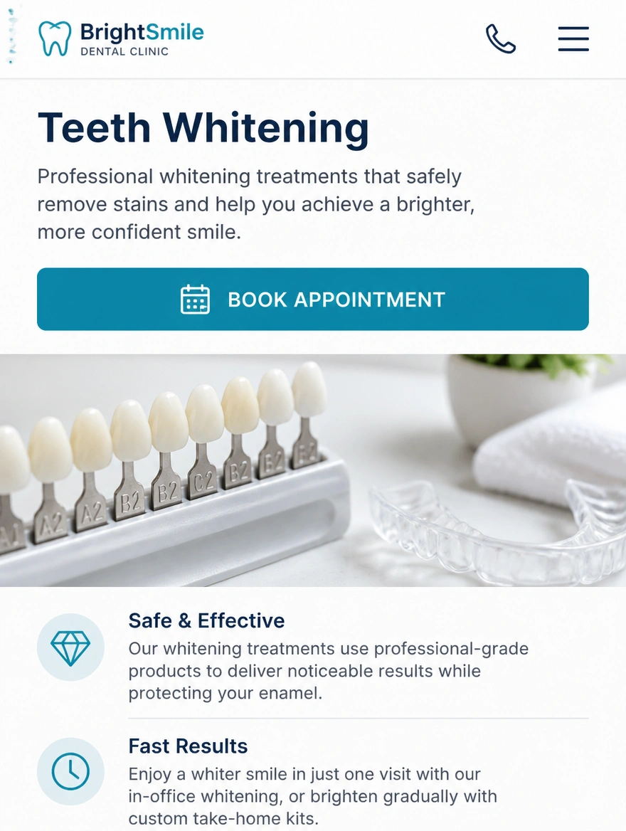 Dental clinic treatment page with a booking button