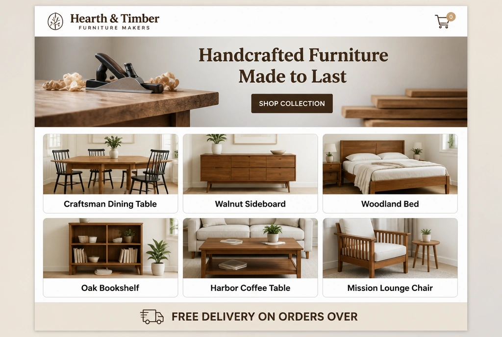 A furniture maker online shop page showing six products with photographs and prices