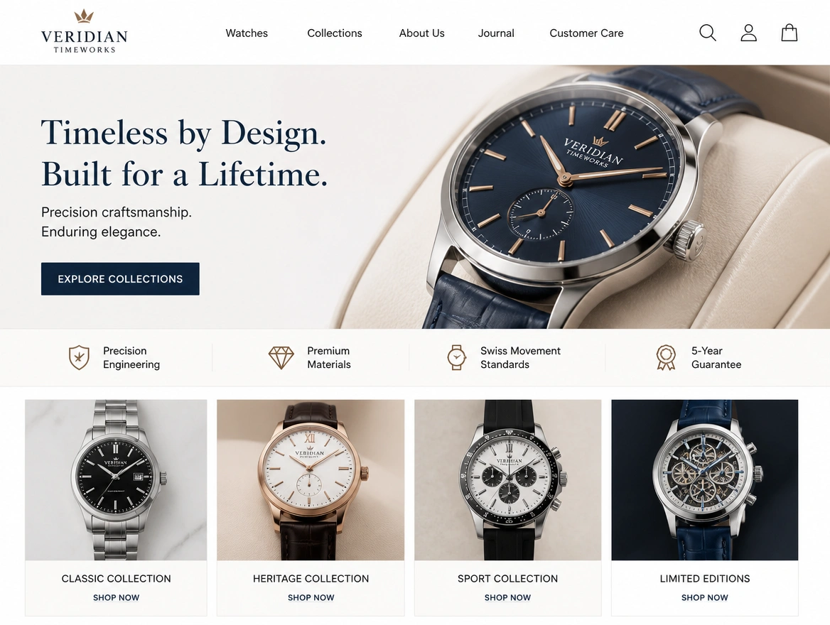 Luxury watch brand website homepage built to sell online