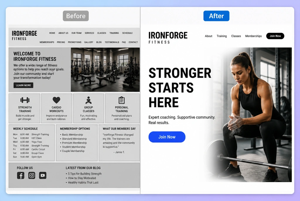 An old boutique gym home page beside its rebuilt version, labelled before and after