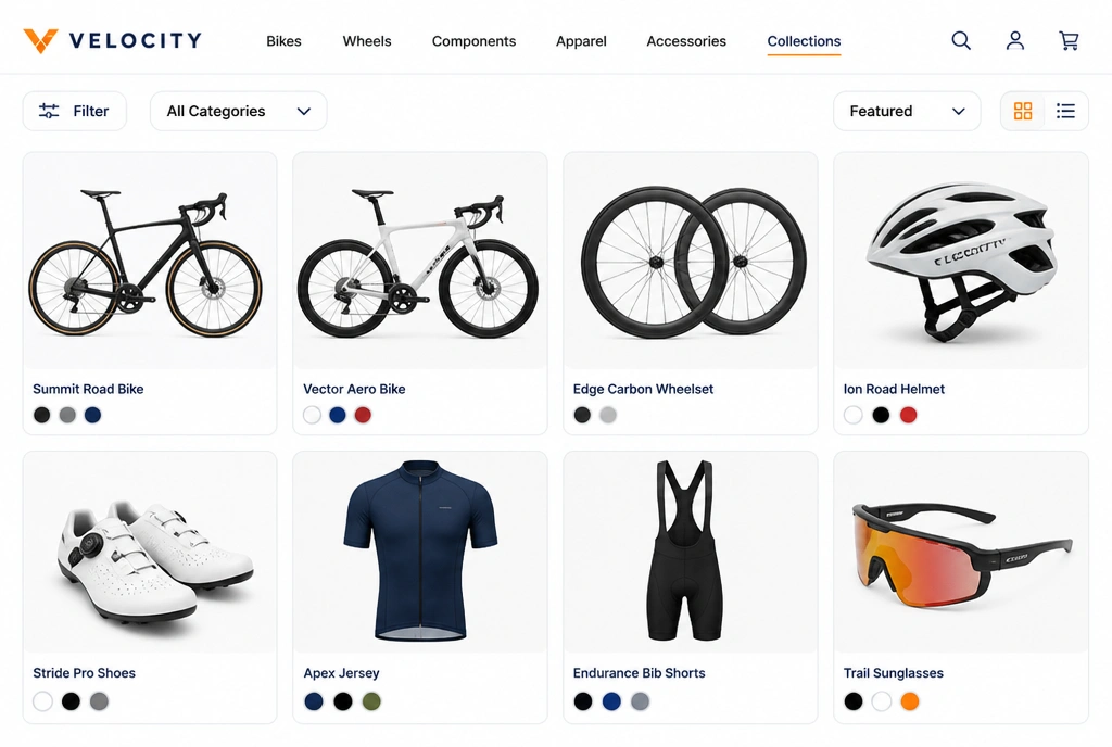 A performance cycling brand website with a product collection grid