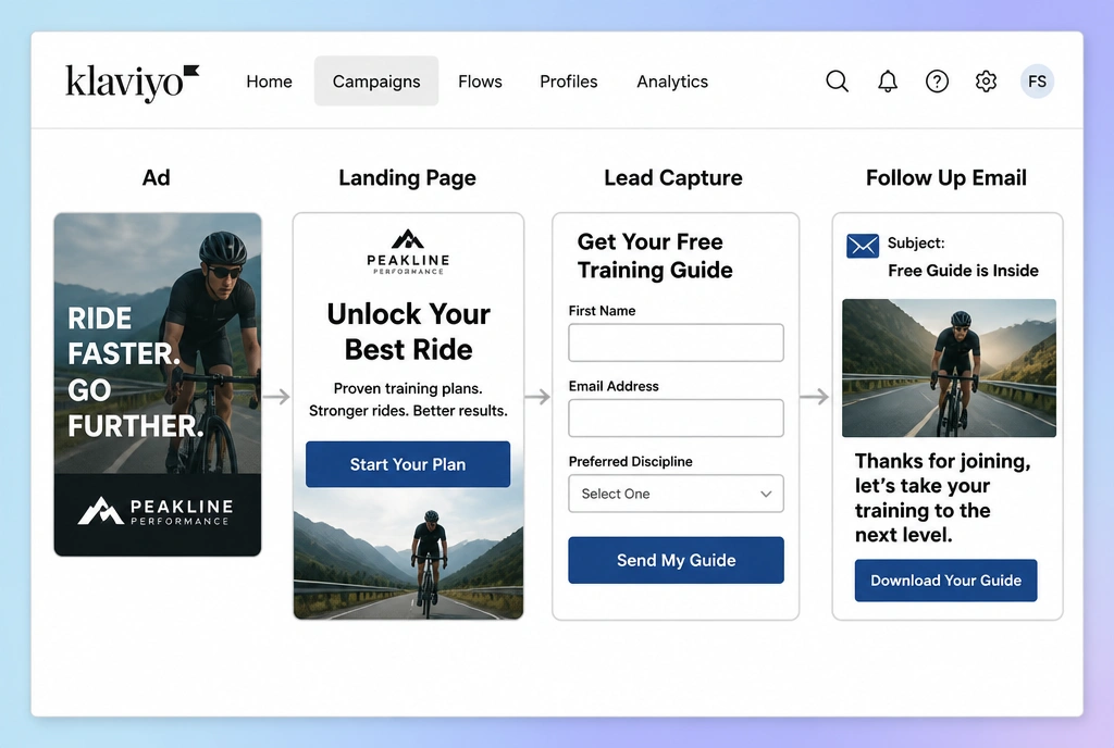 A four step performance cycling campaign path from advert to page to form to follow up email