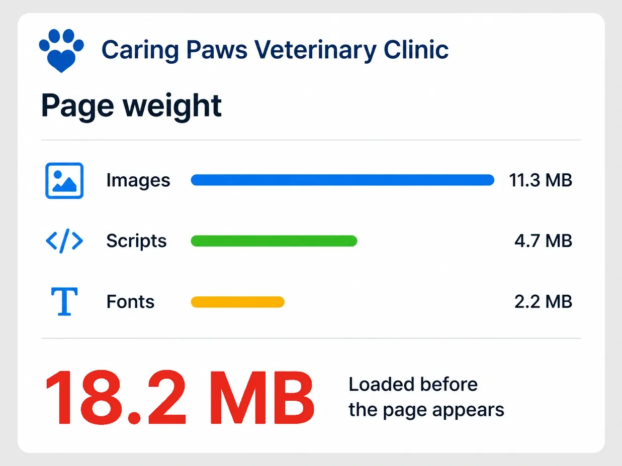 A veterinary page weight of 18.2 MB loaded before the page appears