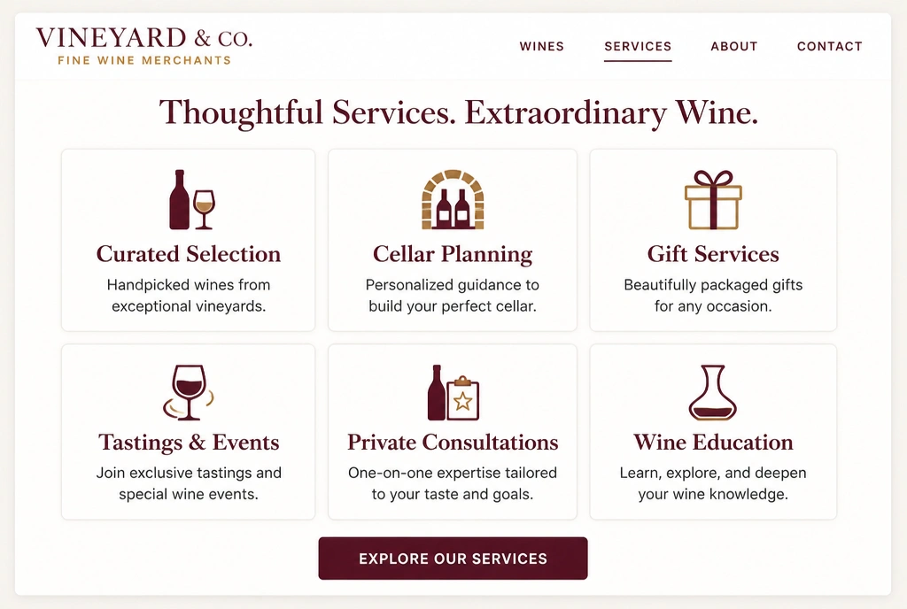 A wine merchant website services page showing six service cards in a grid
