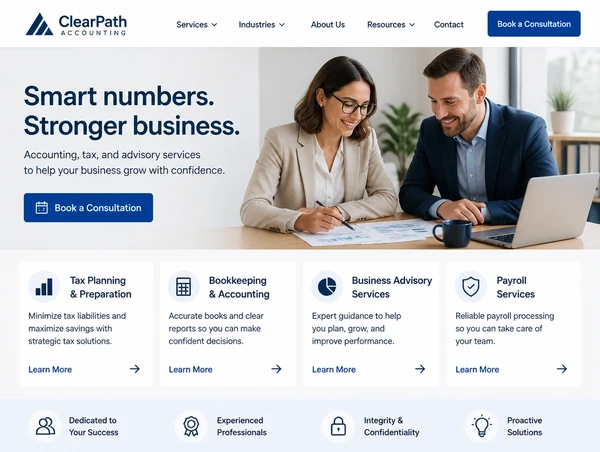 An accounting firm website with a book a consultation button