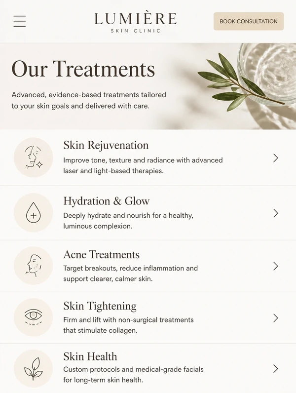 An aesthetic clinic website on a phone with a treatment menu
