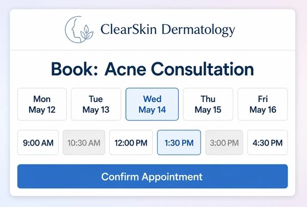 A booking screen on a dermatology clinic website with days, time slots and a confirm button