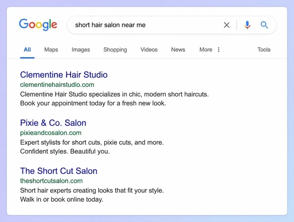 A Google results page where the first of three results is a hair salon website