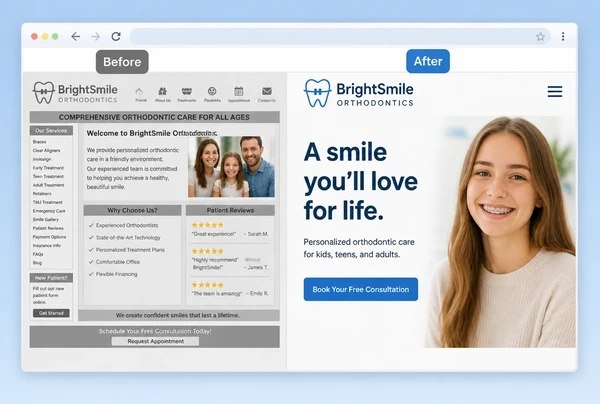 An old orthodontic practice home page beside its rebuilt version, labelled before and after