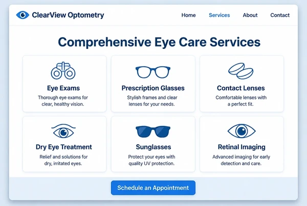 An optometry practice website services page showing six service cards in a grid