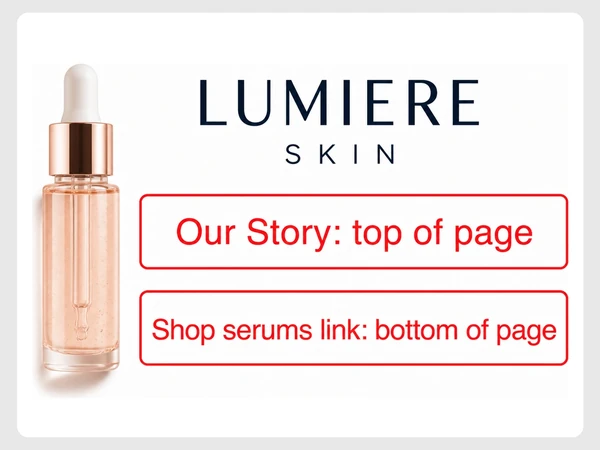 Lumiere Skin places Our Story at the top while its Shop serums link sits at the bottom.