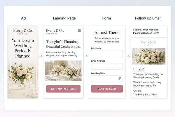 A four step wedding planner campaign path from advert to page to form to follow up email