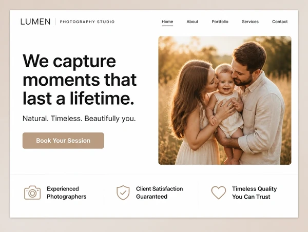 The top of a photography studio home page with a clear headline, one photograph and one button