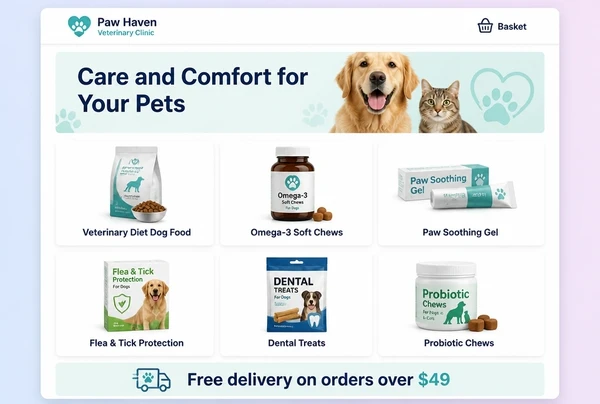 A veterinary practice online shop page showing six products with photographs