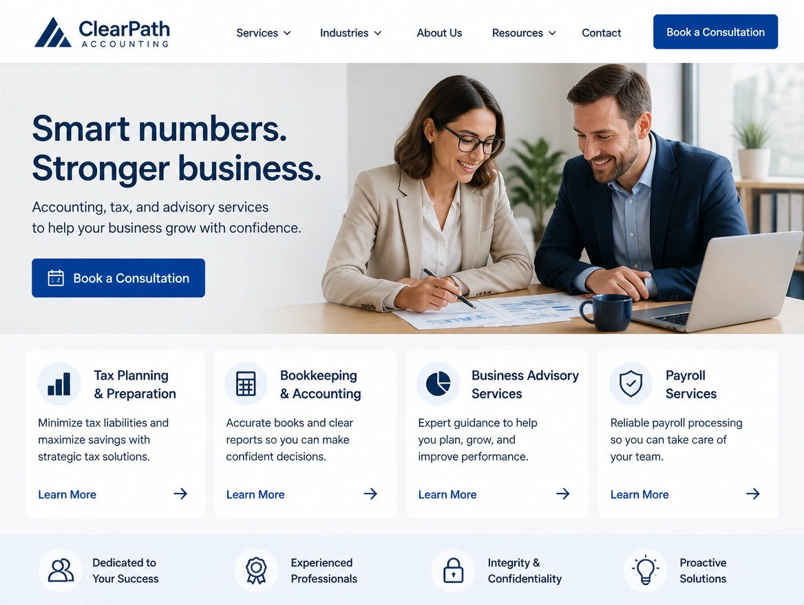 An accounting firm website with a book a consultation button