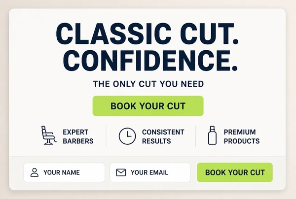 A one page barber shop website with one offer, three benefit lines and a single button