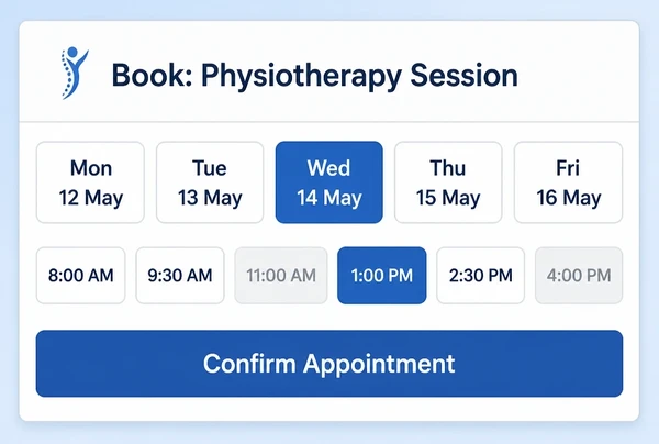 A booking screen on a physiotherapy practice website with days, time slots and a confirm button