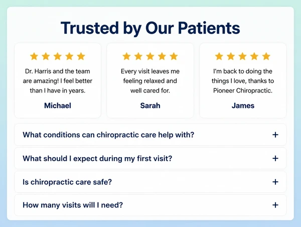 A chiropractic clinic website section showing three customer reviews above a list of four questions