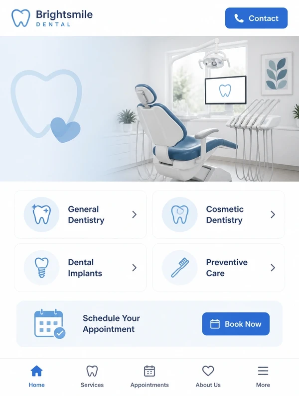 A dental practice website on a phone with a contact button