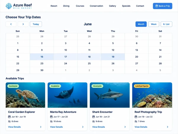 A dive resort website with a trip booking calendar