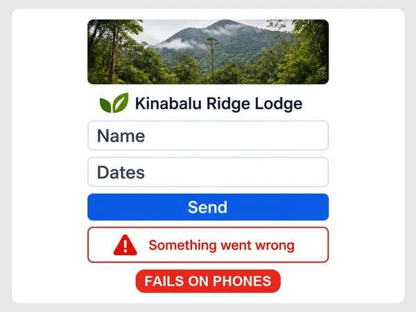 Kinabalu Ridge Lodge phone inquiry form shows Something went wrong after its filled fields and Send button.