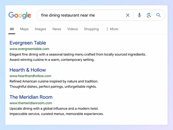 A Google results page where the first of three results is a fine dining restaurant website