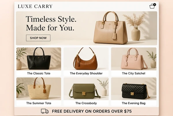 A handbag brand online shop page showing six products with photographs