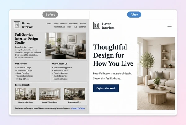 An old interior design studio home page beside its rebuilt version, labelled before and after