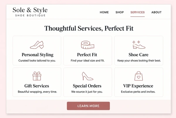 A shoe boutique website services page showing six service cards in a grid