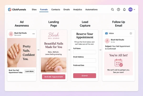A four step nail studio campaign path from advert to page to form to follow up email