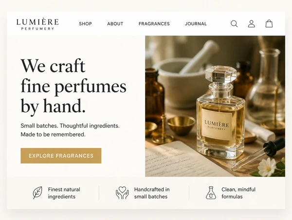 The top of a perfumery home page with a clear headline, one photograph and one button