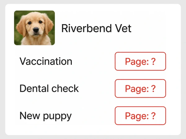 Riverbend Vet inbox lists Vaccination, Dental check, and New puppy inquiries, each ending inside a red outline with Page: ?.