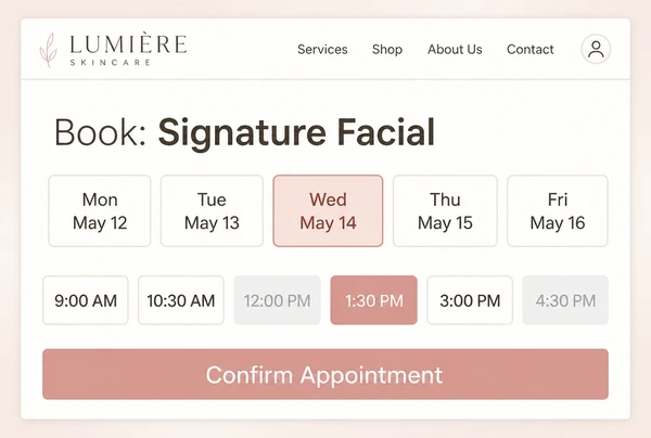 A booking screen on a skincare brand website with days, time slots and a confirm button