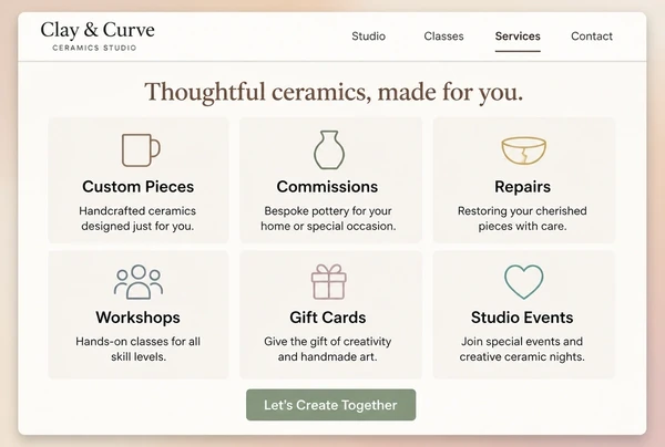 A ceramics studio website services page showing six service cards in a grid